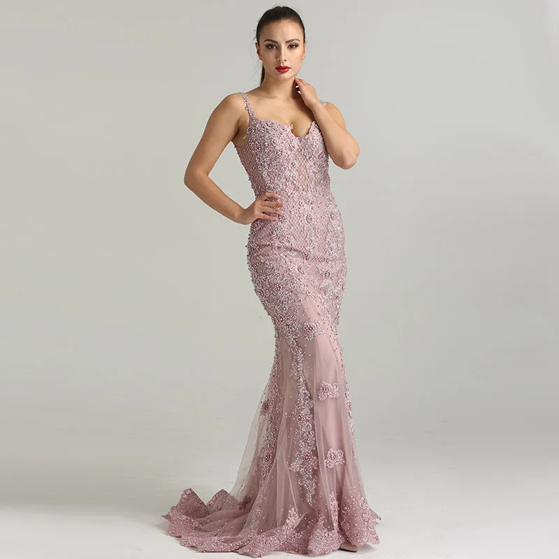 Pink Sexy Elegant Evening Dress Lace Pearls Diamond Mermaid Formal Party Gown