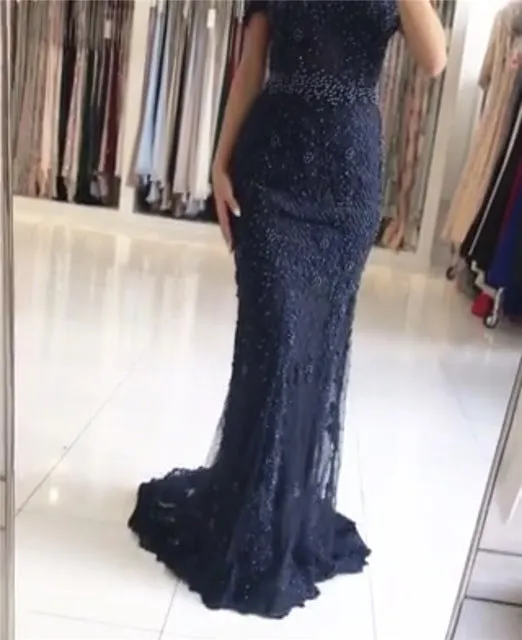 Pink Sexy Elegant Evening Dress Lace Pearls Diamond Mermaid Formal Party Gown