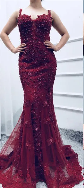 Pink Sexy Elegant Evening Dress Lace Pearls Diamond Mermaid Formal Party Gown