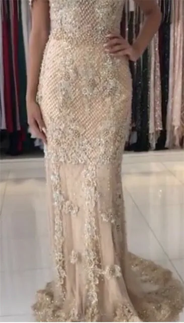 Pink Sexy Elegant Evening Dress Lace Pearls Diamond Mermaid Formal Party Gown