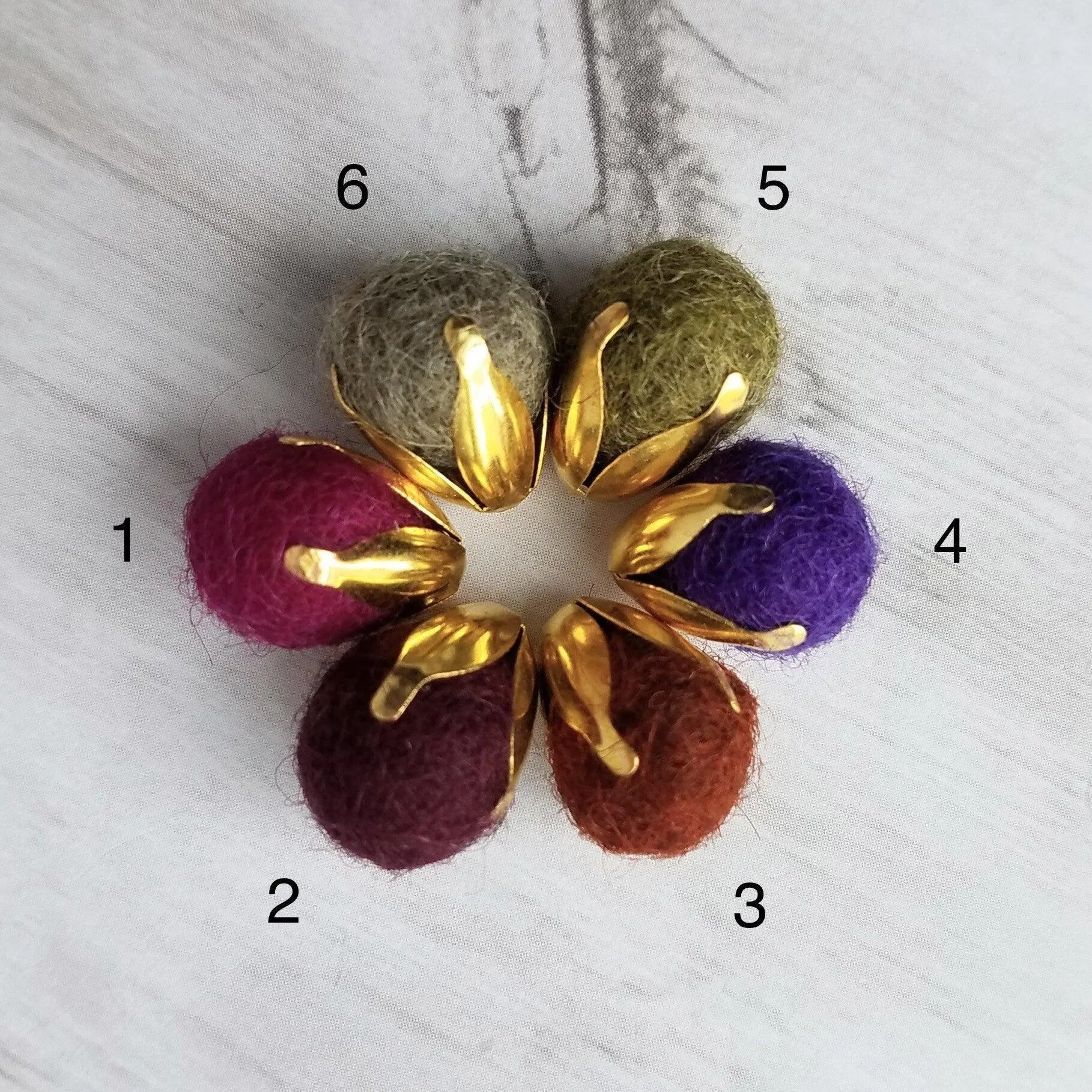 Pom Ball Earrings - fuchsia needle felt wool orb nestled in gold leaf cone top - 14K gold fill or plated hooks - other fall colors available