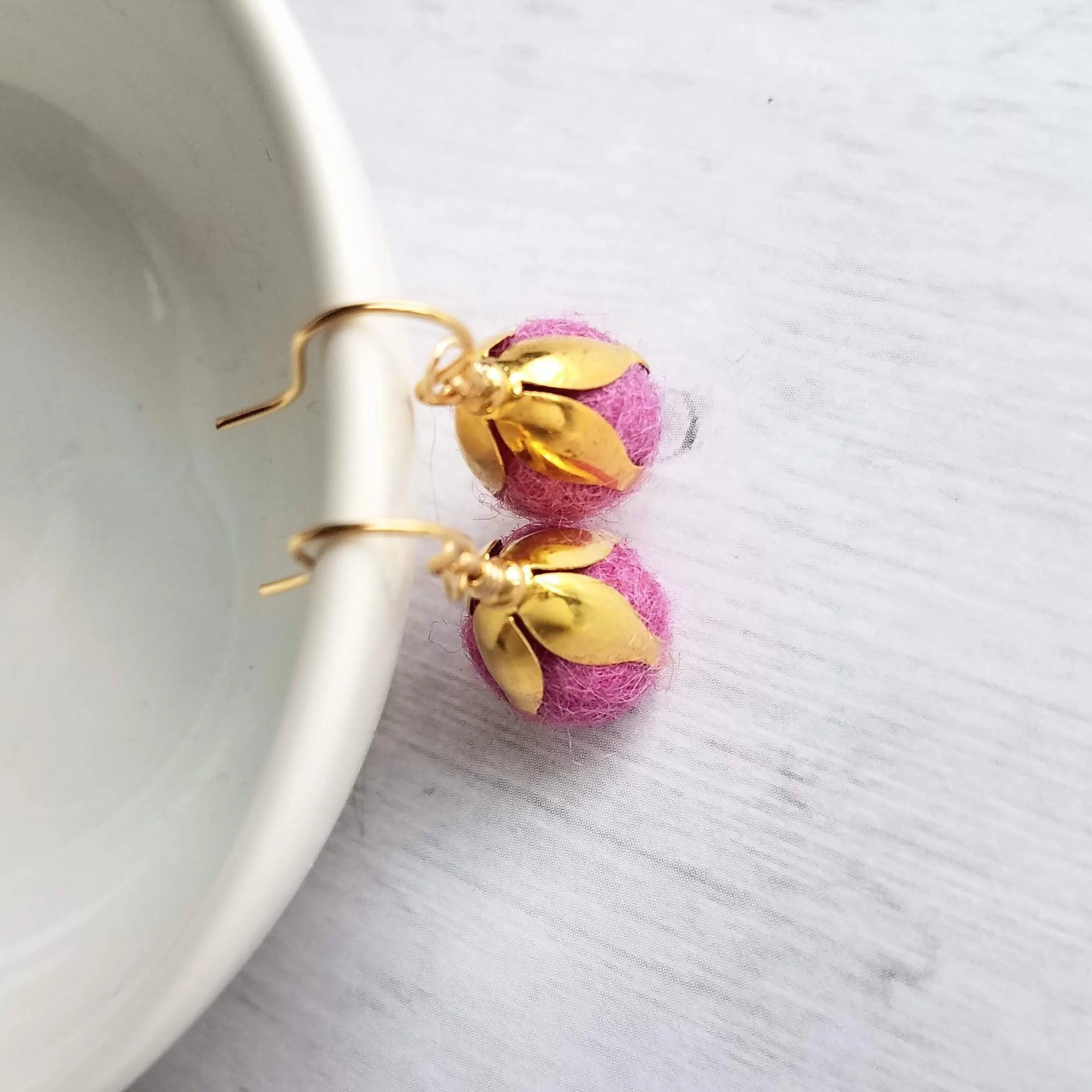 Pom Ball Earrings - fuchsia needle felt wool orb nestled in gold leaf cone top - 14K gold fill or plated hooks - other fall colors available