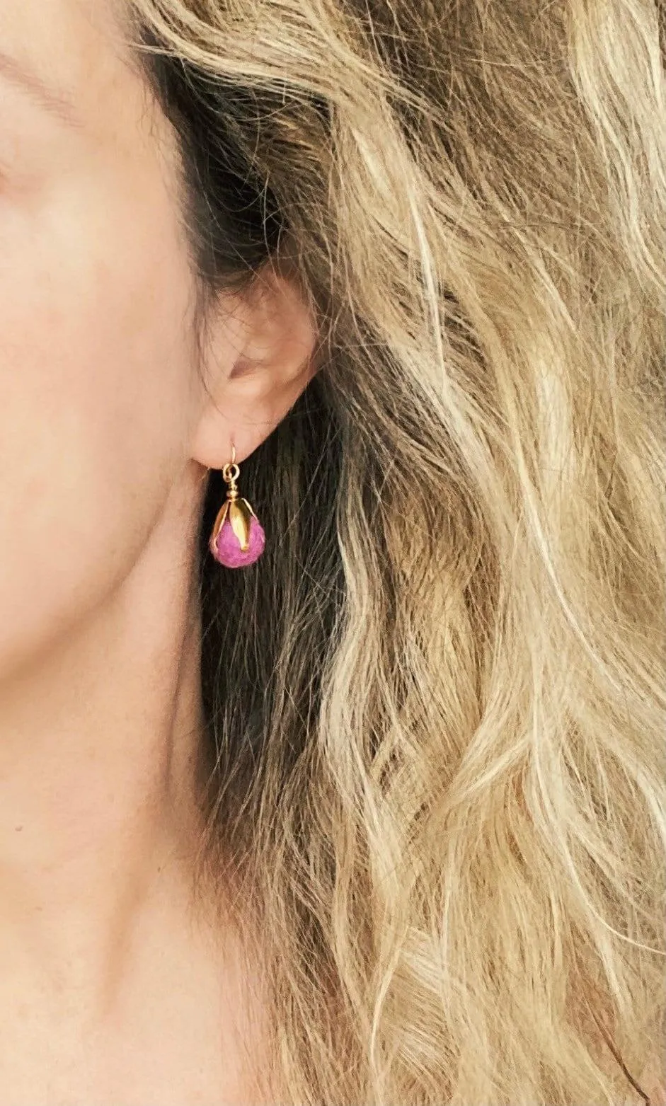 Pom Ball Earrings - fuchsia needle felt wool orb nestled in gold leaf cone top - 14K gold fill or plated hooks - other fall colors available
