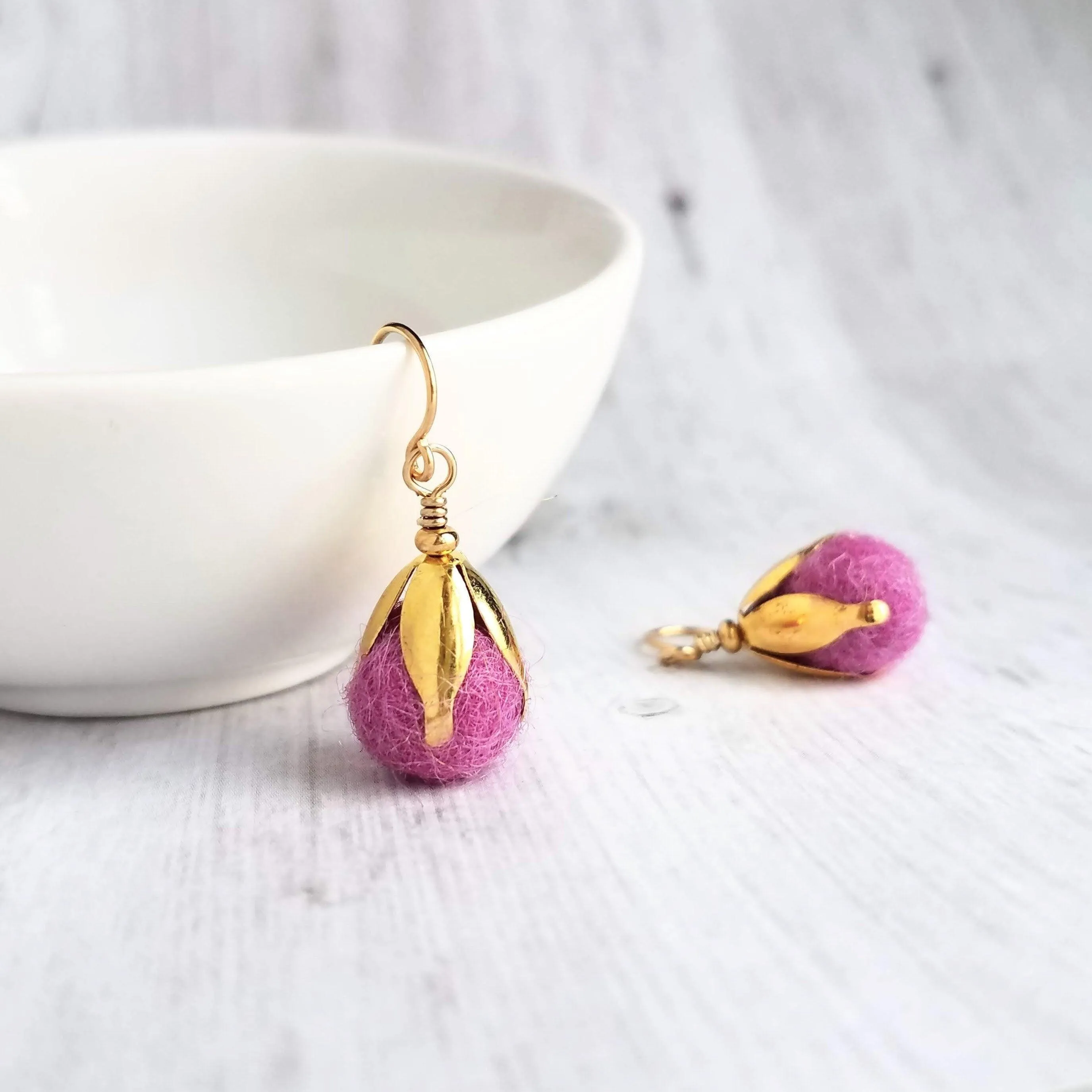 Pom Ball Earrings - fuchsia needle felt wool orb nestled in gold leaf cone top - 14K gold fill or plated hooks - other fall colors available