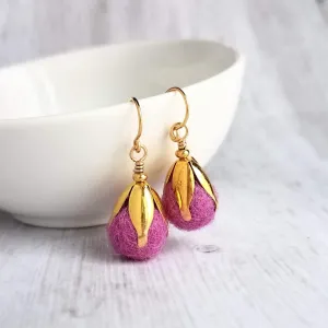 Pom Ball Earrings - fuchsia needle felt wool orb nestled in gold leaf cone top - 14K gold fill or plated hooks - other fall colors available