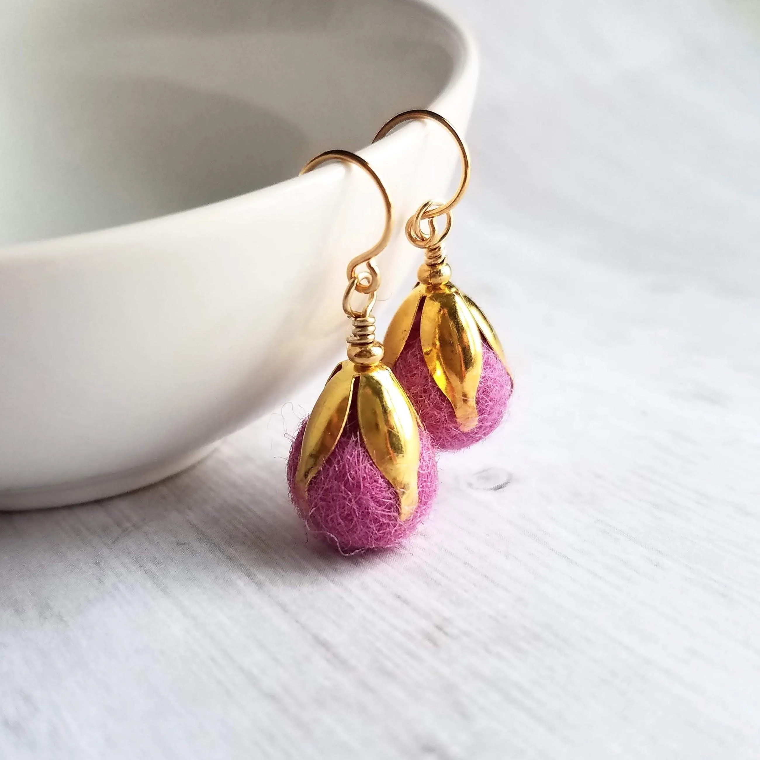 Pom Ball Earrings - fuchsia needle felt wool orb nestled in gold leaf cone top - 14K gold fill or plated hooks - other fall colors available