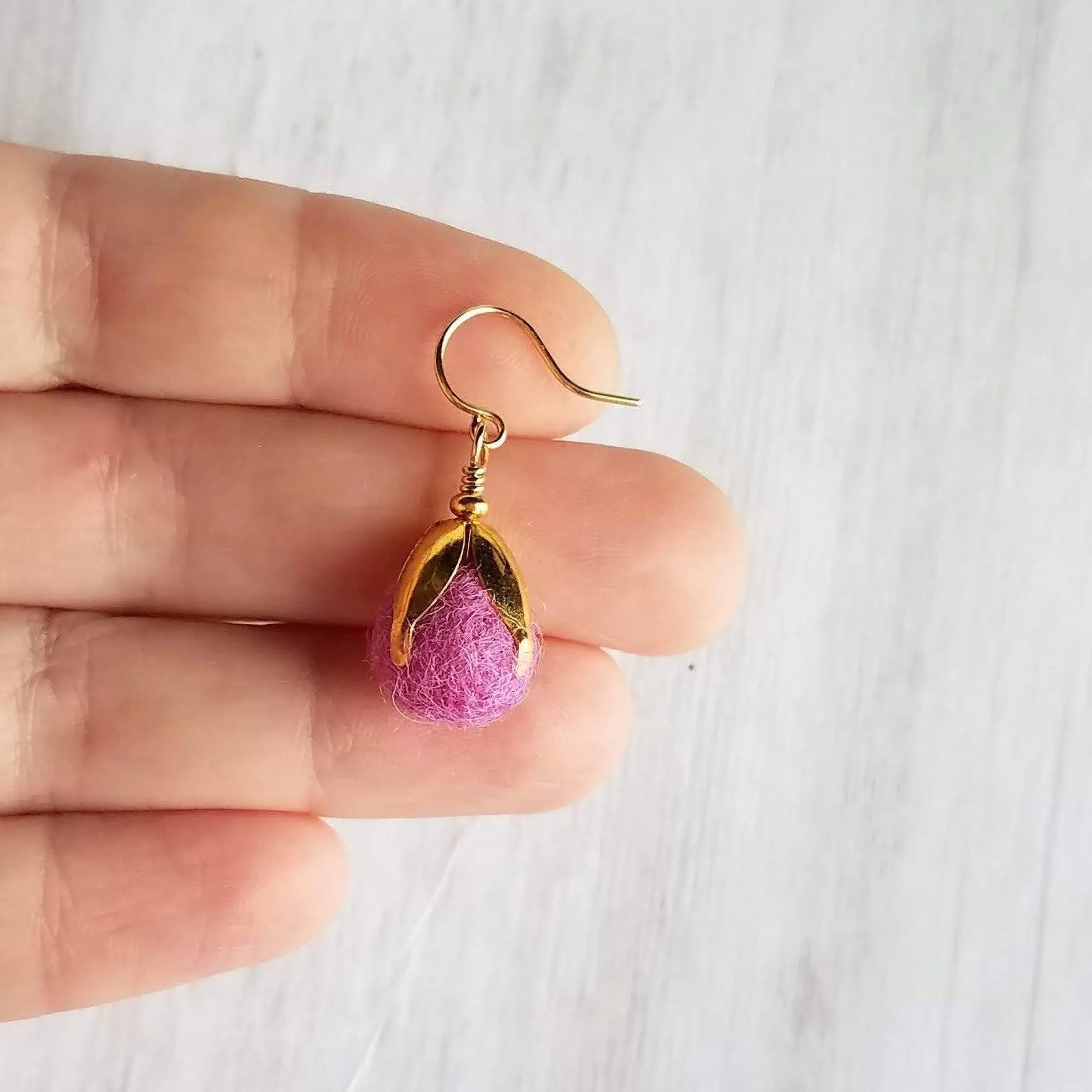 Pom Ball Earrings - fuchsia needle felt wool orb nestled in gold leaf cone top - 14K gold fill or plated hooks - other fall colors available