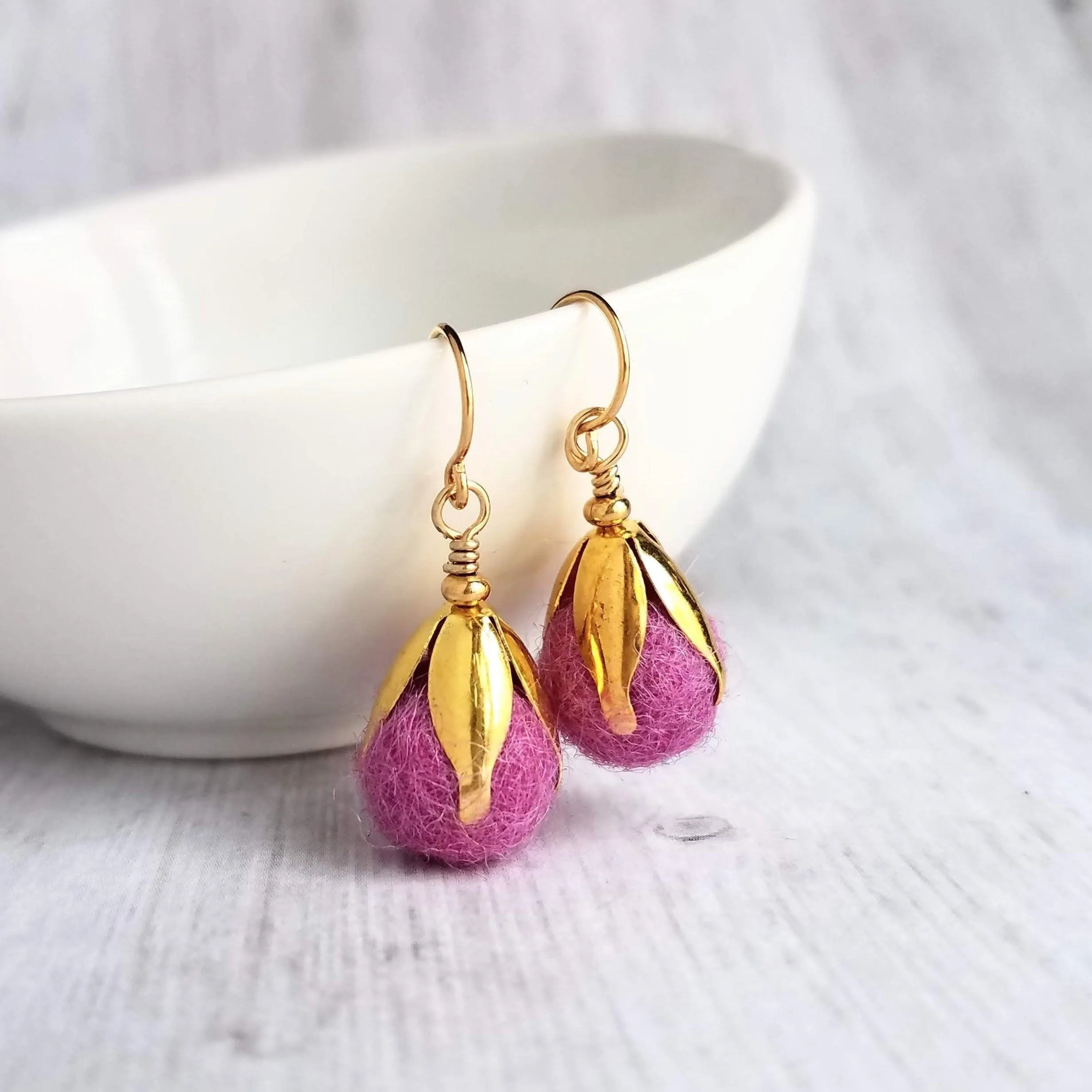 Pom Ball Earrings - fuchsia needle felt wool orb nestled in gold leaf cone top - 14K gold fill or plated hooks - other fall colors available
