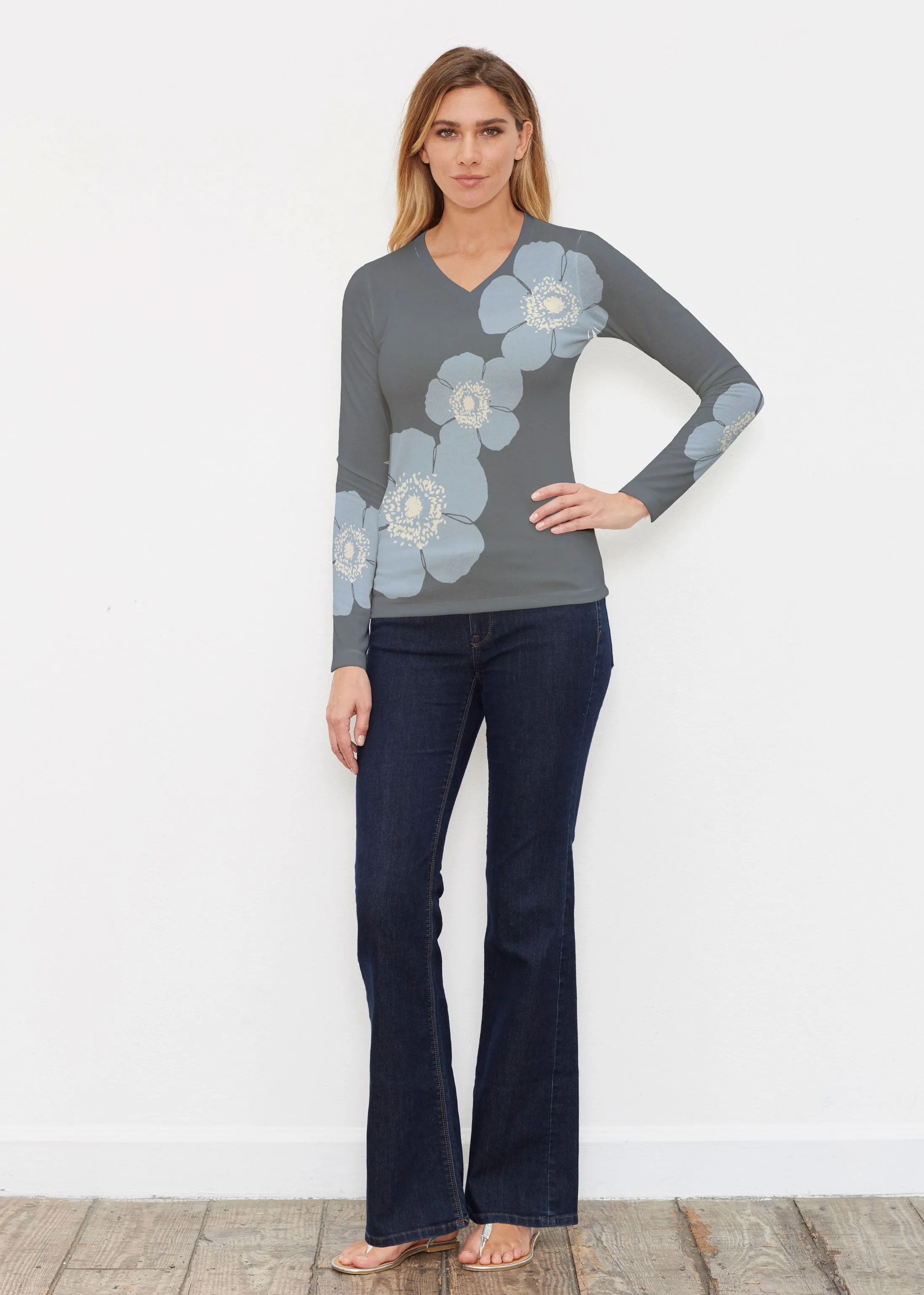 Poppy SteelBlue-Grey (7066) ~ Butterknit Long Sleeve V-Neck Top