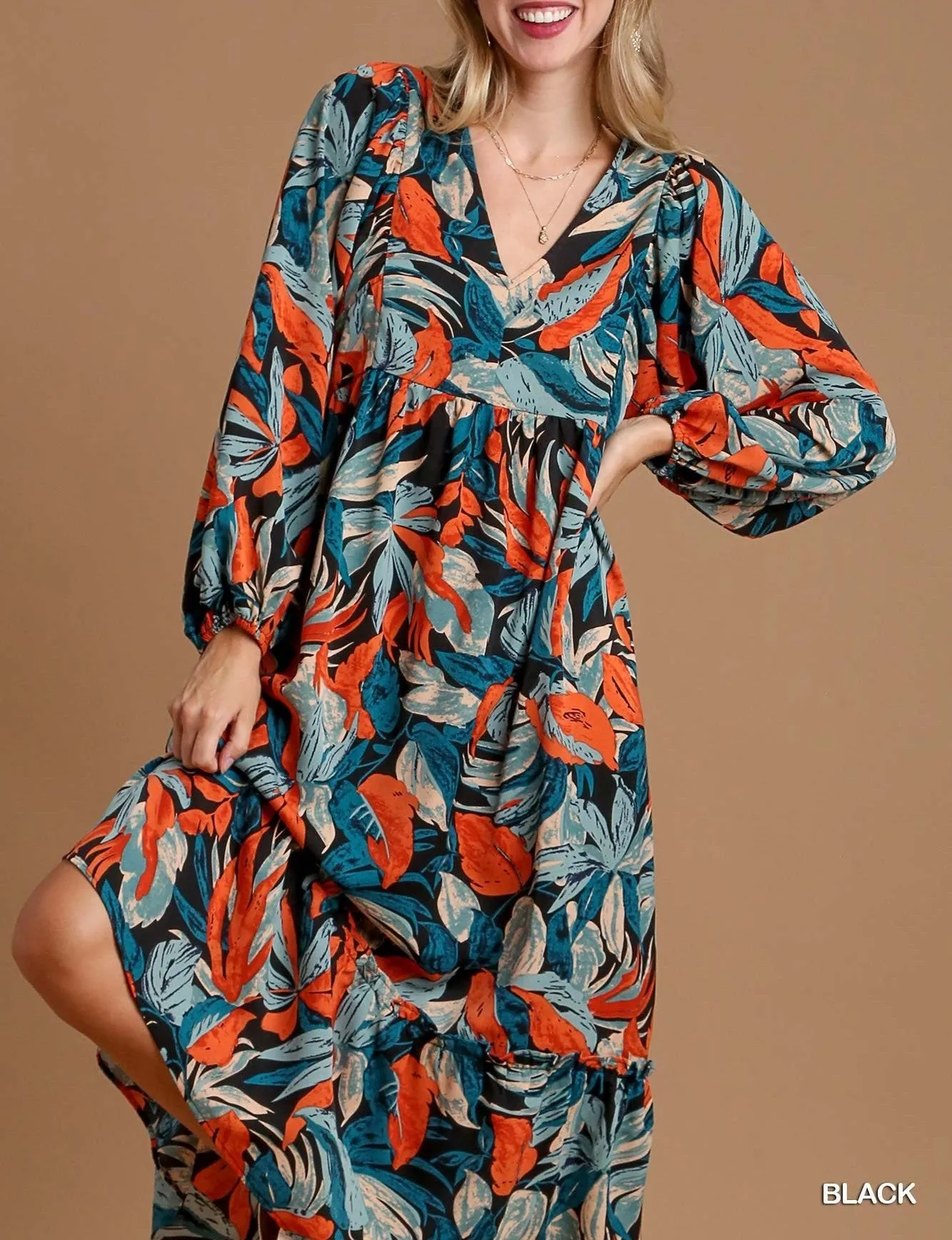 Printed Long Sleeve Ruffle Dress