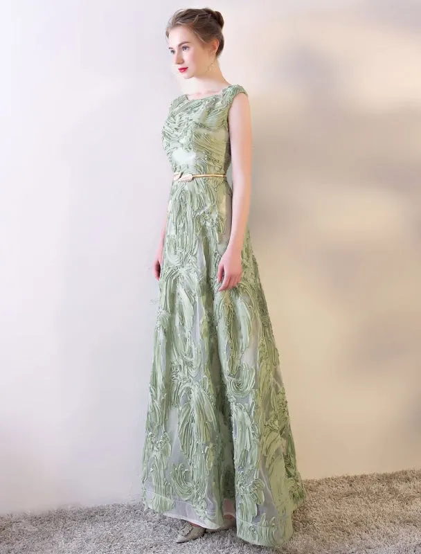 Prom Dresses Long Sage Green Embossment Fabric Texture Sleeveless A Line Floor Length With Sash Wedding Guest Dress