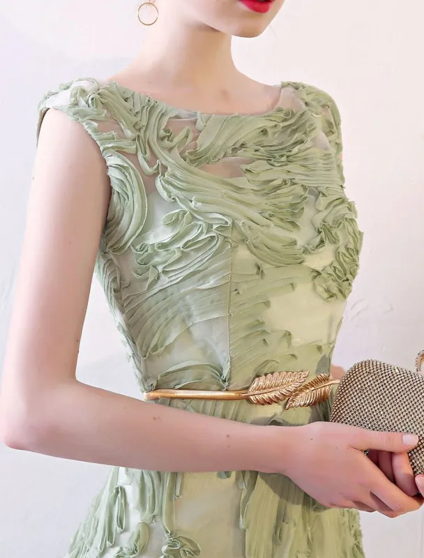 Prom Dresses Long Sage Green Embossment Fabric Texture Sleeveless A Line Floor Length With Sash Wedding Guest Dress
