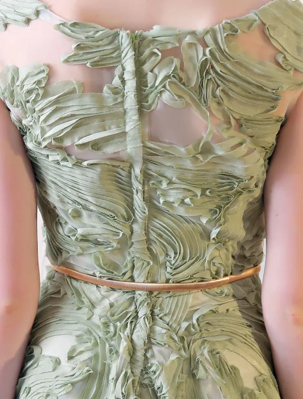 Prom Dresses Long Sage Green Embossment Fabric Texture Sleeveless A Line Floor Length With Sash Wedding Guest Dress