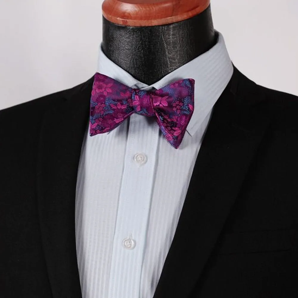 Purple & Pink Floral Mens Silk Self tie Bow Tie with Pocket Squares Set