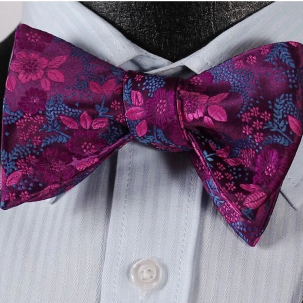 Purple & Pink Floral Mens Silk Self tie Bow Tie with Pocket Squares Set