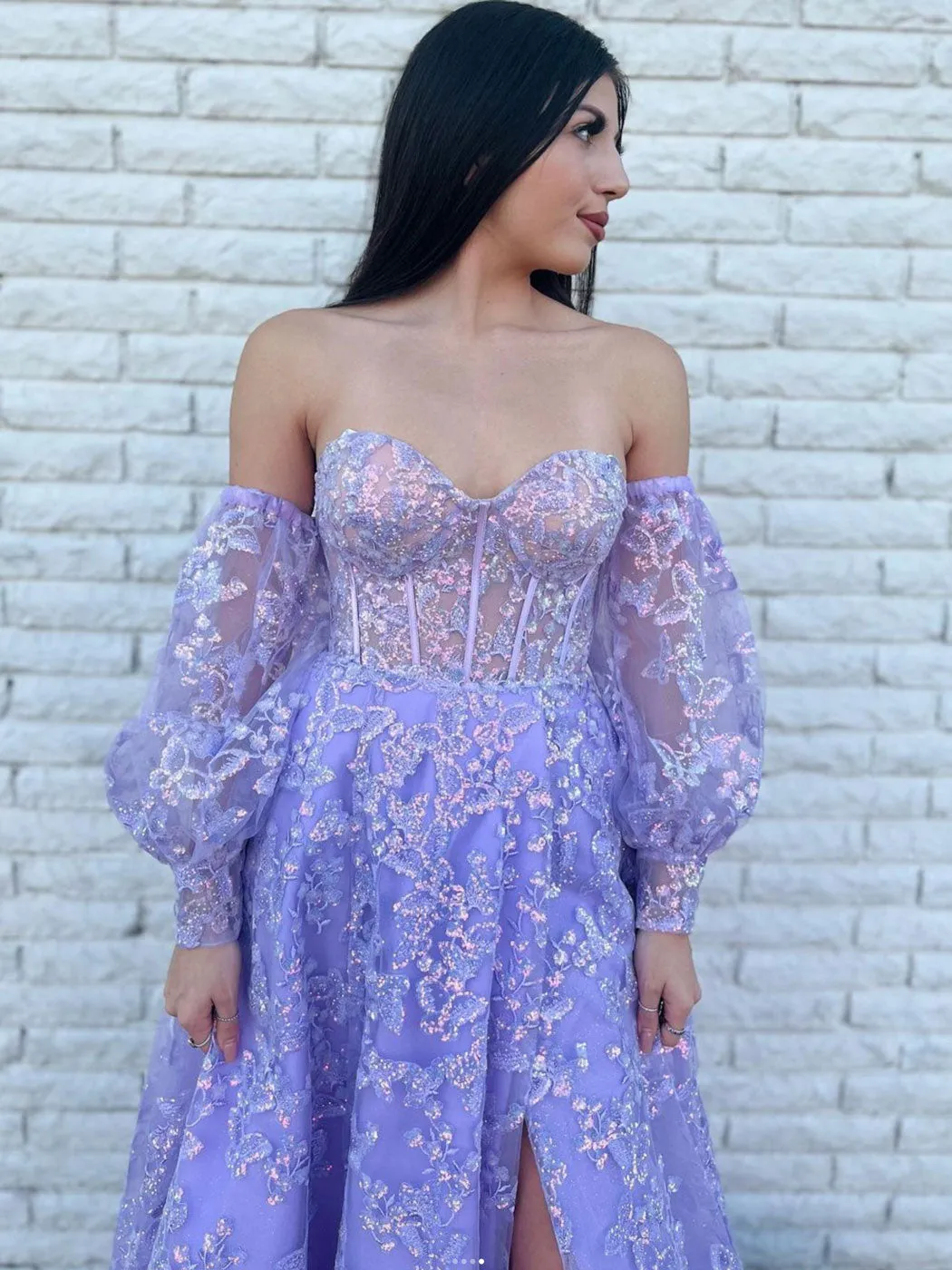 Purple tulle lace long prom dress, purple tulle formal dress