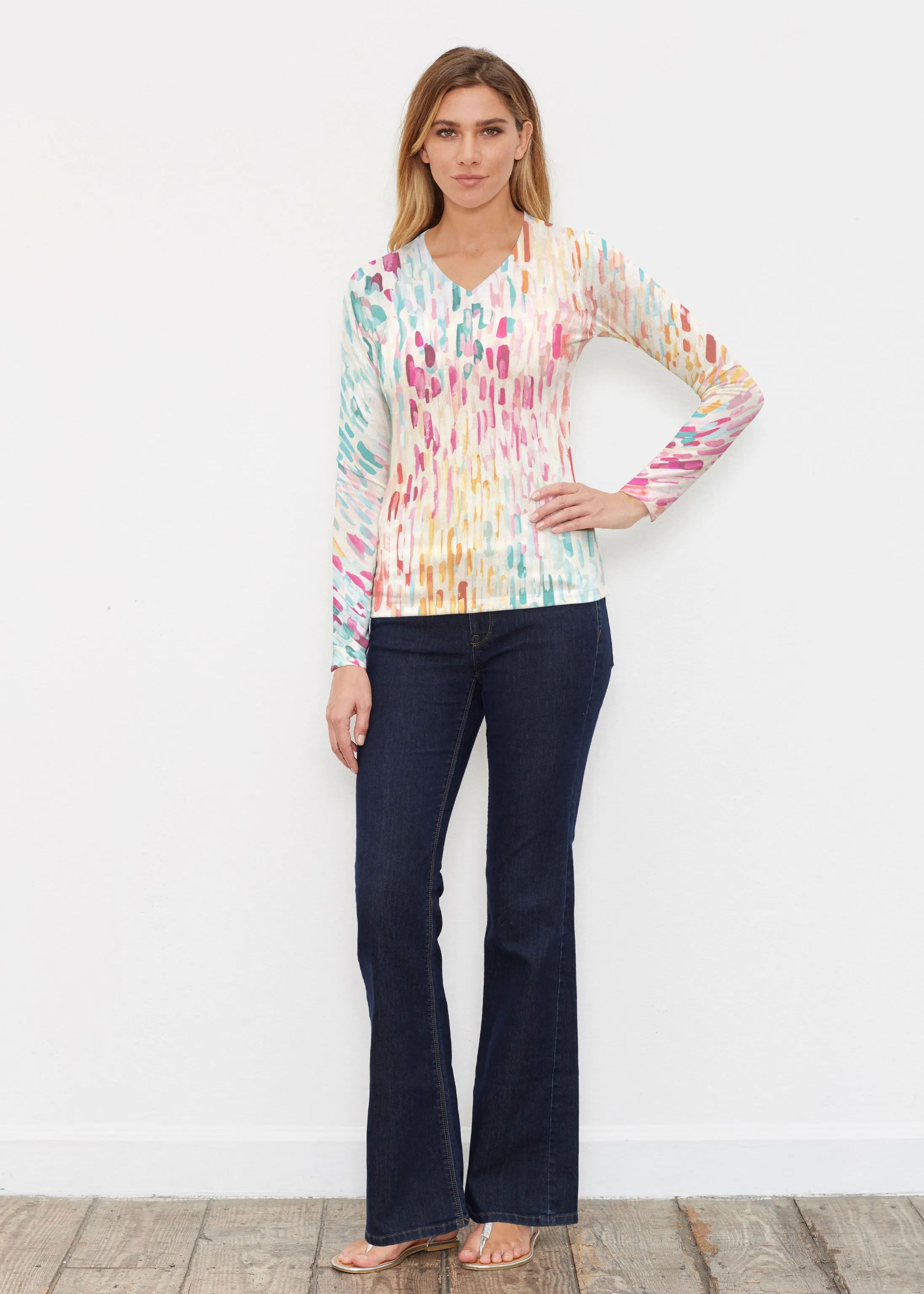 Rainbow Rain (16227) ~ Butterknit Long Sleeve V-Neck Top
