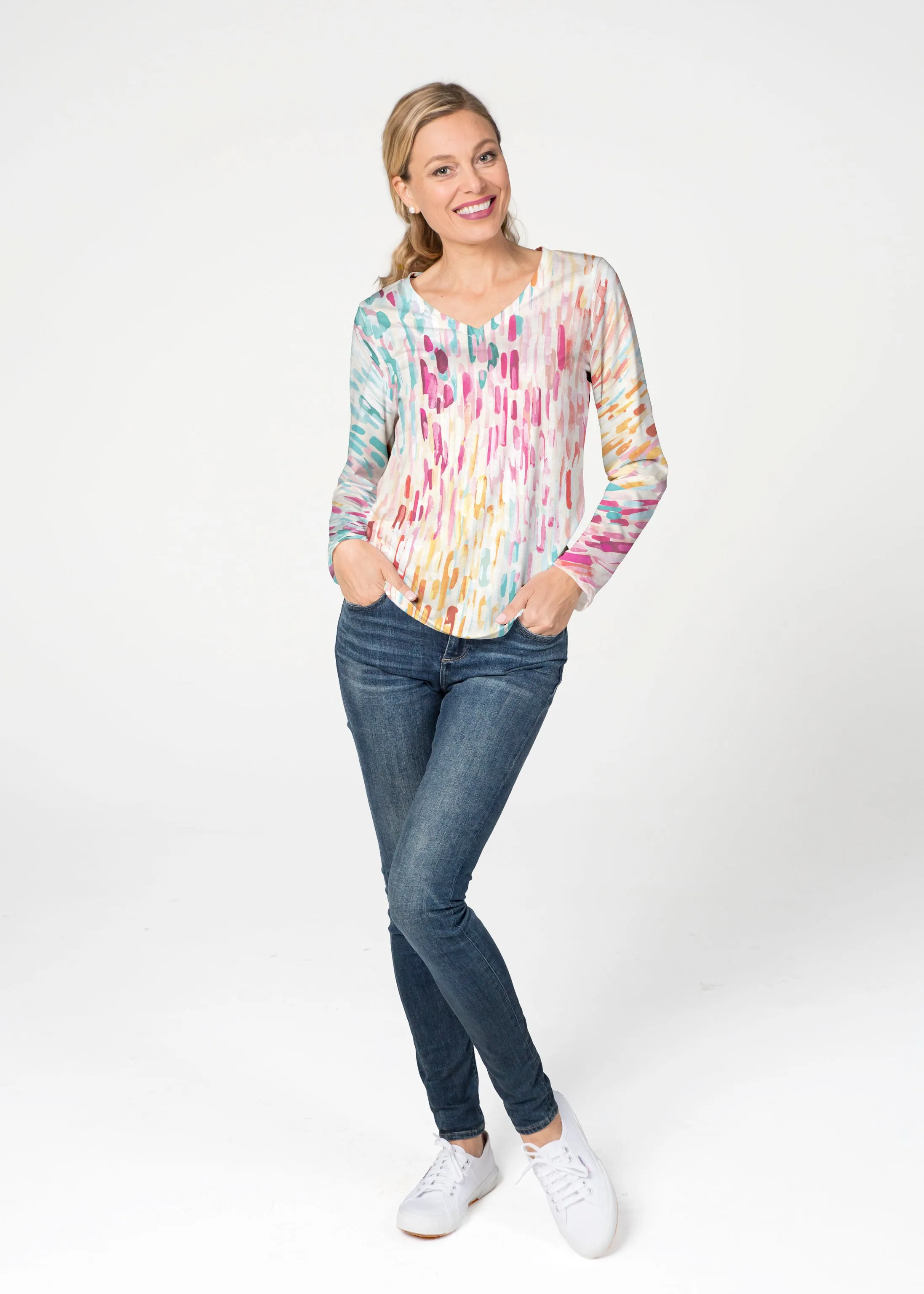 Rainbow Rain (16227) ~ French Terry V-neck Top