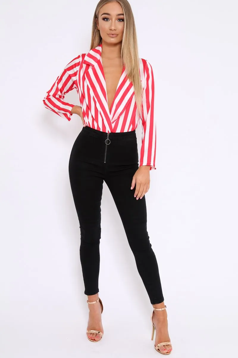 Red & White Striped Open Collar Bodysuit - Torie