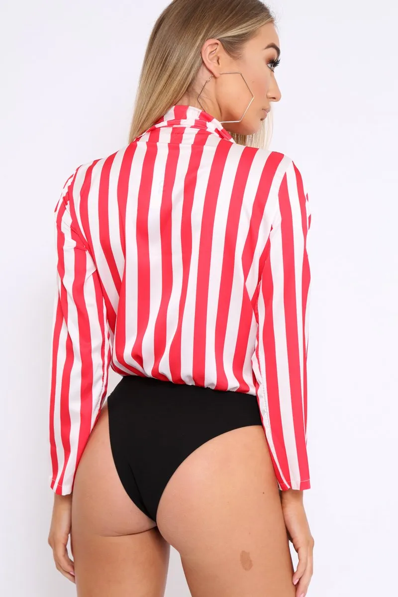 Red & White Striped Open Collar Bodysuit - Torie