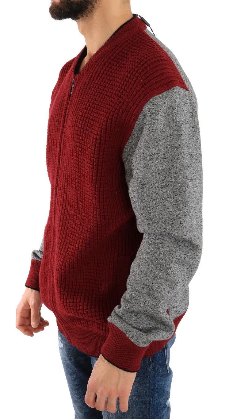 Red Gray Zipper Wool Knitted Sweater