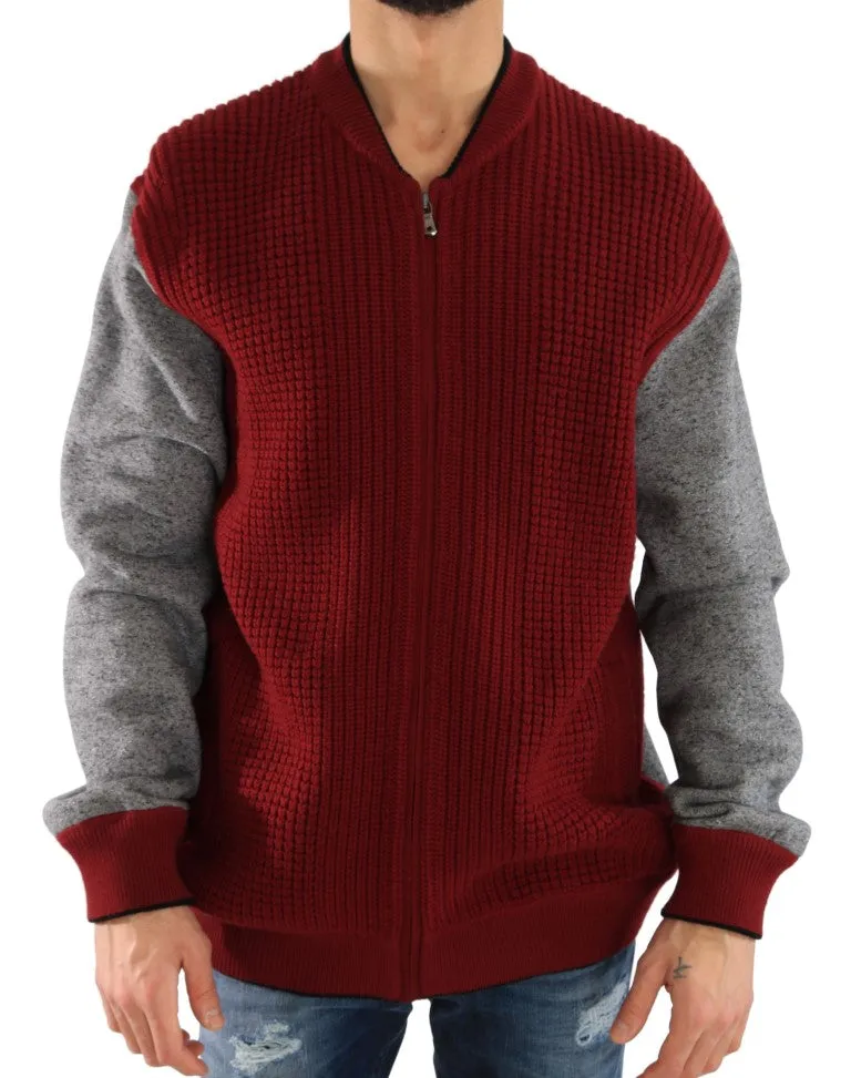 Red Gray Zipper Wool Knitted Sweater