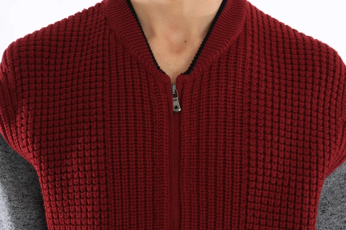 Red Gray Zipper Wool Knitted Sweater