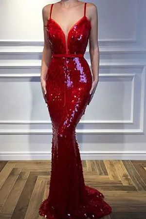 Red Spaghetti-Straps Mermaid 2019 Sequins Sleeveless Evening Gown, MP465