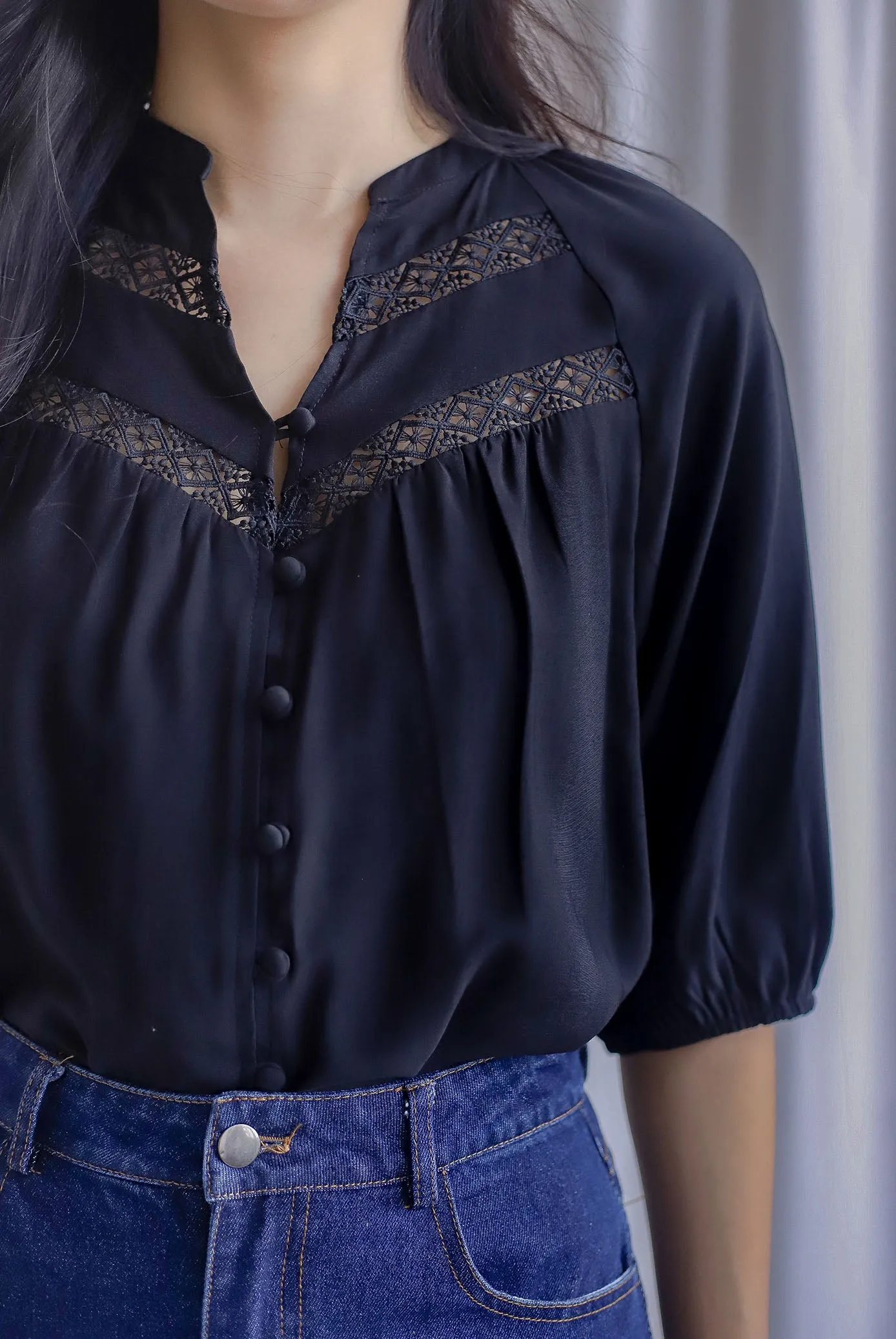River Lattice Insert Button Top In Black