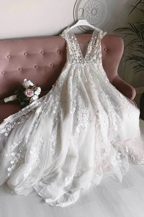 Roycebridal White Tulle V-neck Sleeveless Open Back Long Lace Flower Wedding Dresses,MW462