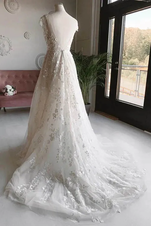 Roycebridal White Tulle V-neck Sleeveless Open Back Long Lace Flower Wedding Dresses,MW462