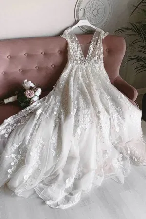 Roycebridal White Tulle V-neck Sleeveless Open Back Long Lace Flower Wedding Dresses,MW462