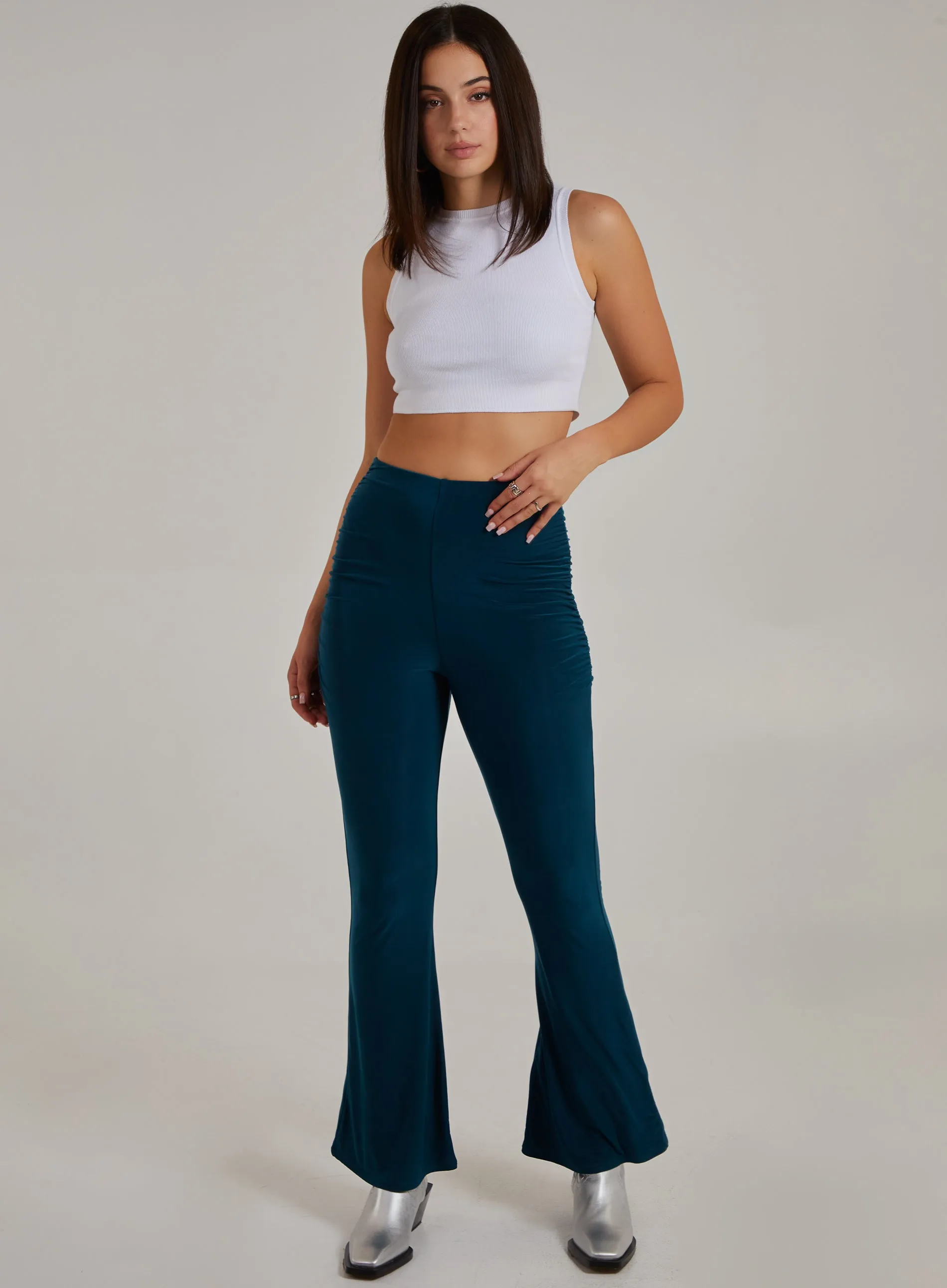 Ruched Side Flared Slinky Trousers