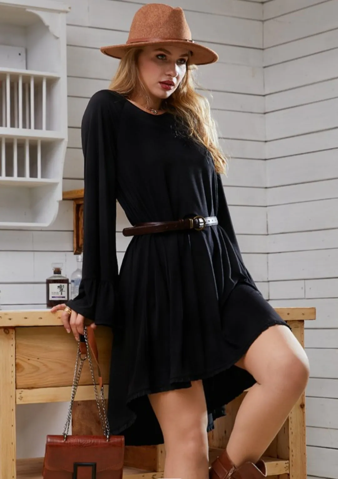 Ruffle Detail Long Sleeve Dress