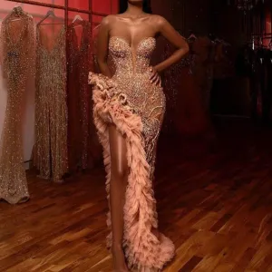 Ruffles High Slit Sweetheart Arabic Evening Dress Occasion Gown