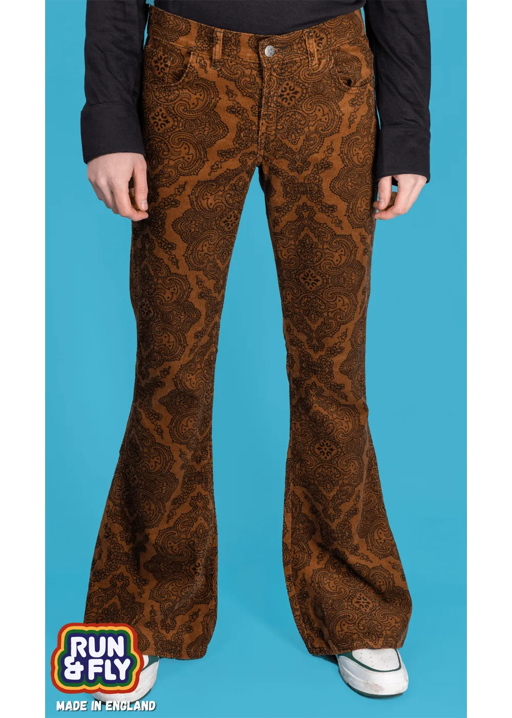Run & Fly Mens Hendrix Corduroy 70's Flared Trousers Tobacco Brown