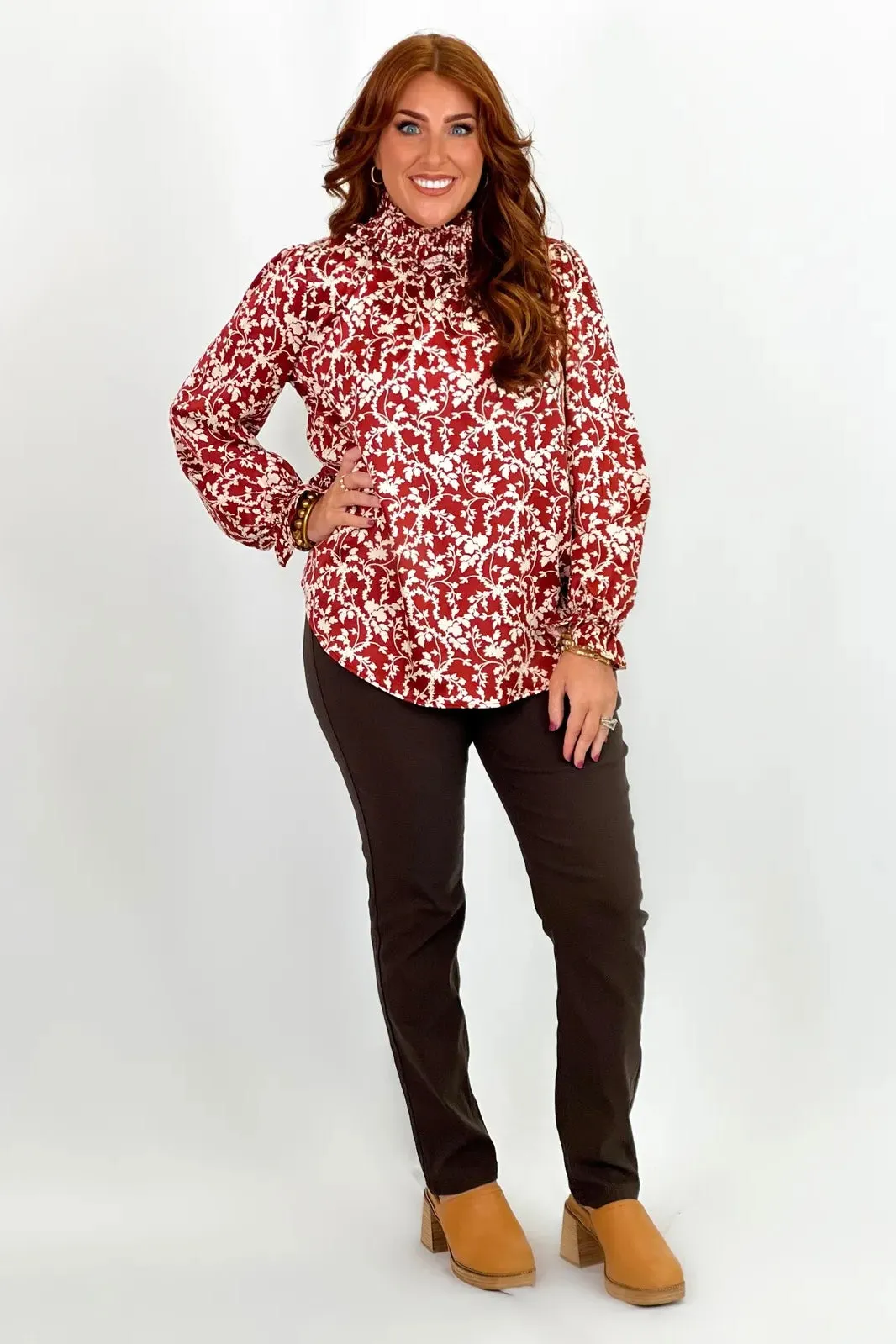 Rust Floral Print Mock Neck Long Sleeve Top *Final Sale*