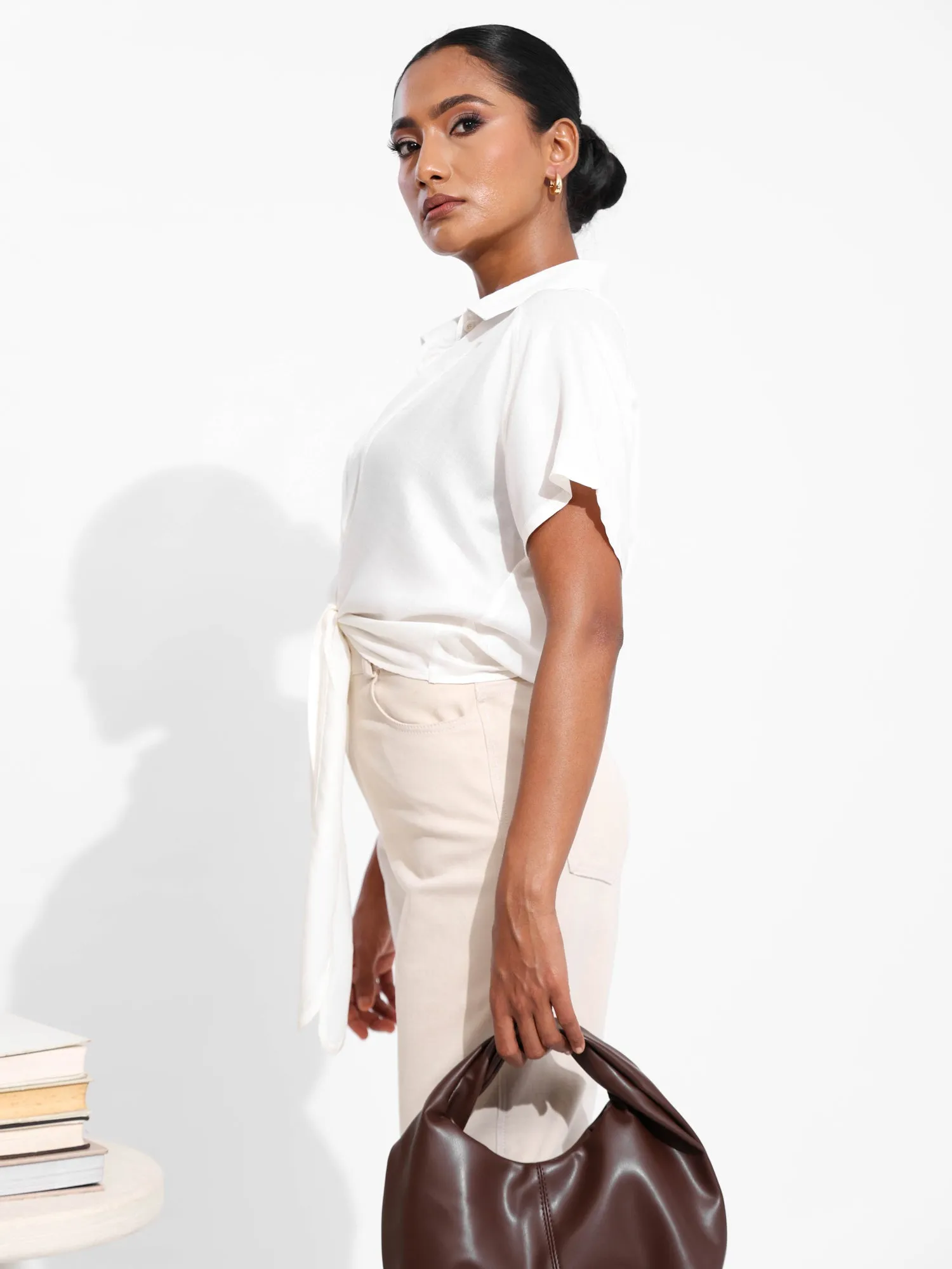 Seam Detailed Button Down Front Tie Up Top