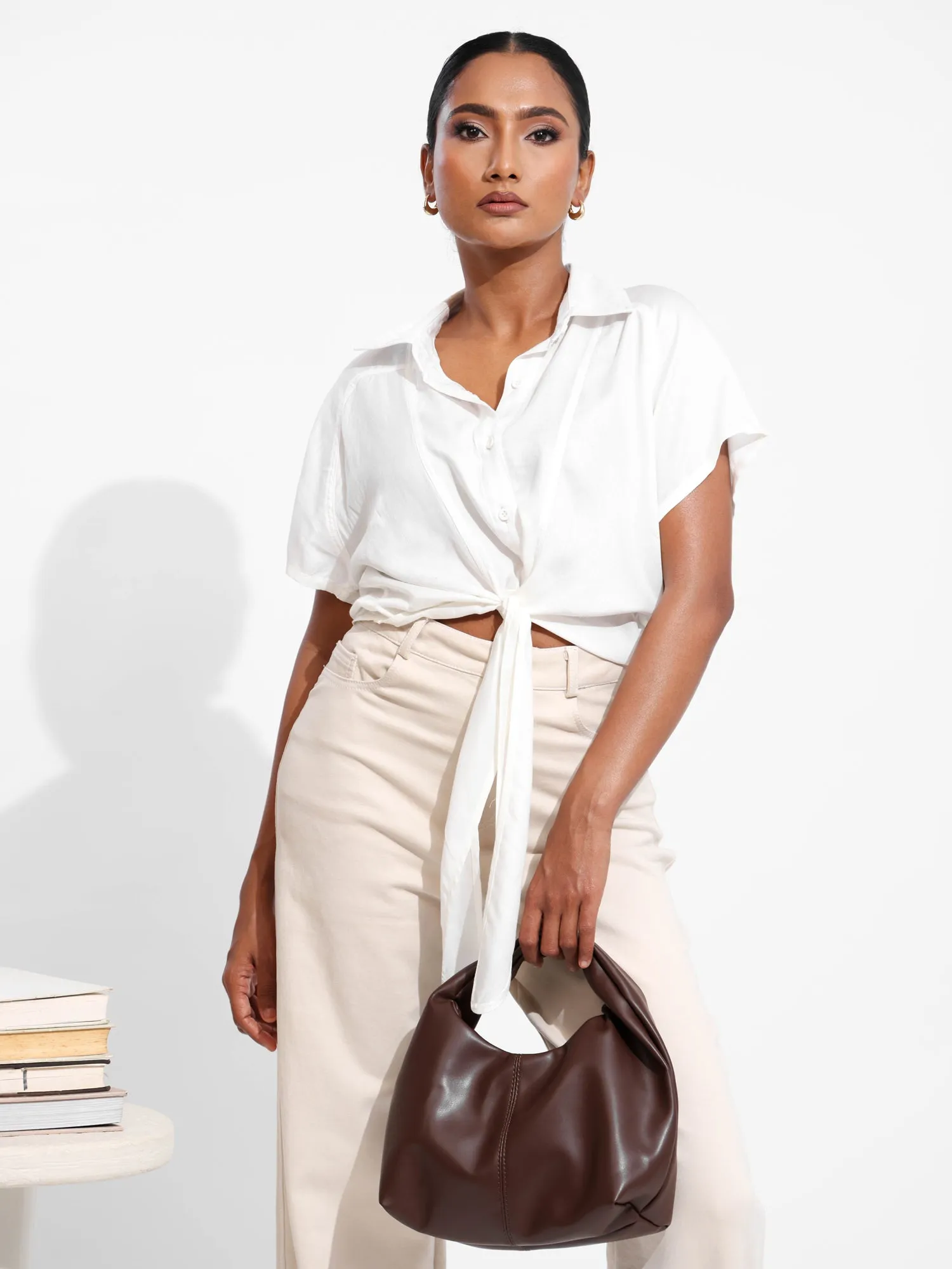 Seam Detailed Button Down Front Tie Up Top