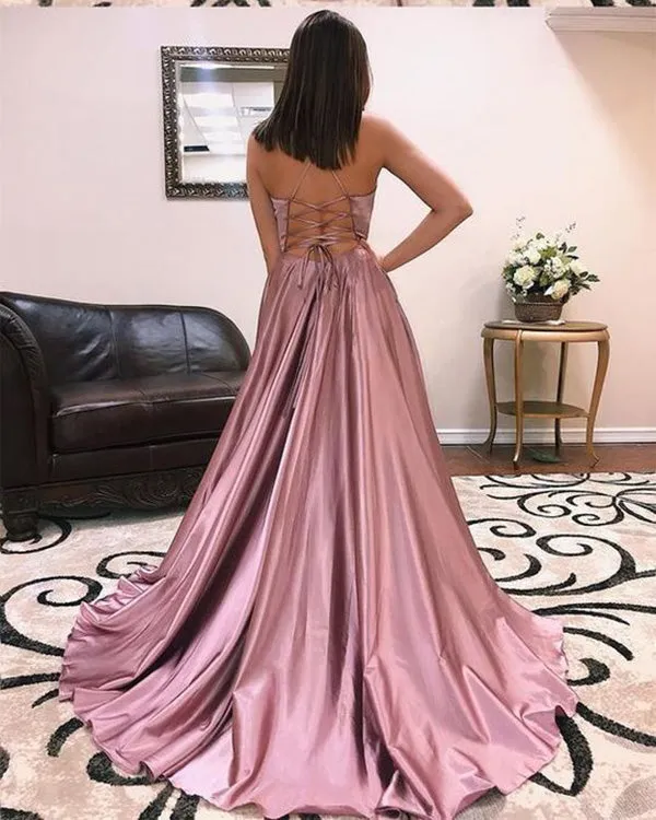 Sexy Deep V-Neck Prom Dresses with Spaghetti Straps Long Pageant Gowns Split Side