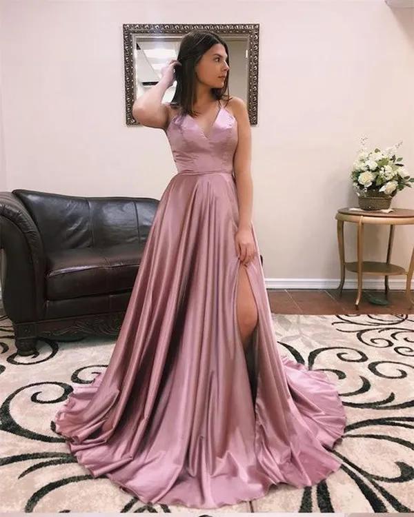 Sexy Deep V-Neck Prom Dresses with Spaghetti Straps Long Pageant Gowns Split Side