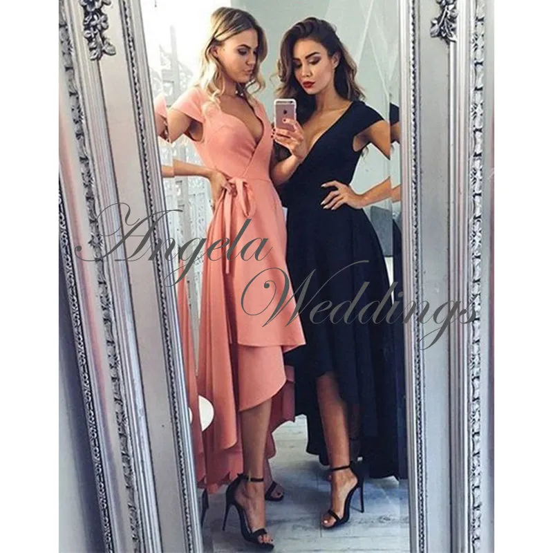 Sexy High Low Prom Dresses with V-Neck A line Elastic Satin Party Gowns