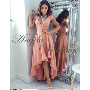 Sexy High Low Prom Dresses with V-Neck A line Elastic Satin Party Gowns