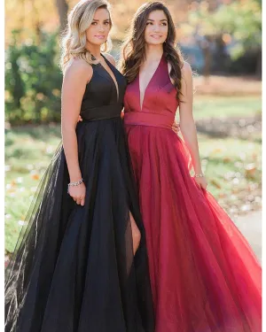 Sexy Plunge V-Neck Prom Dresses Satin Organza Ruffles Long Party Gowns 2020