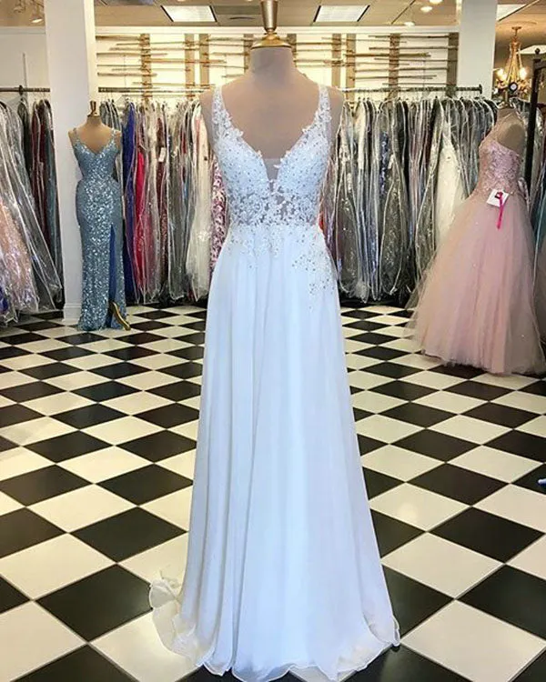 Sexy V-Neck Blue Prom Dresses with Lace Beadings Long Chiffon Party Gowns 2020