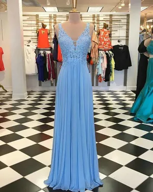 Sexy V-Neck Blue Prom Dresses with Lace Beadings Long Chiffon Party Gowns 2020
