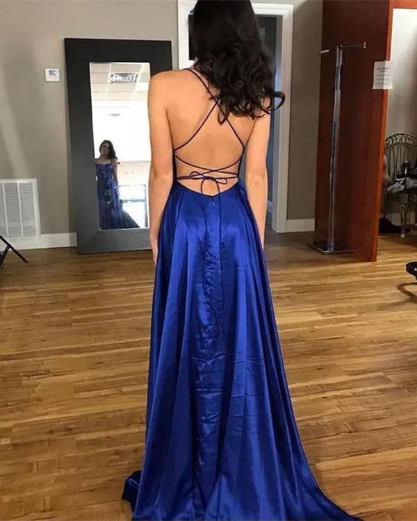 Simple Dark Royal Blue Prom Dresses 2018 Split Side Criss-Cross Straps Sexy Long Party Gowns