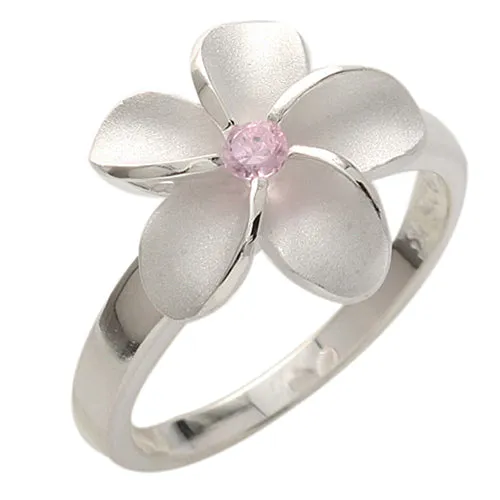 Single Plumeria Pink CZ Ring 15mm