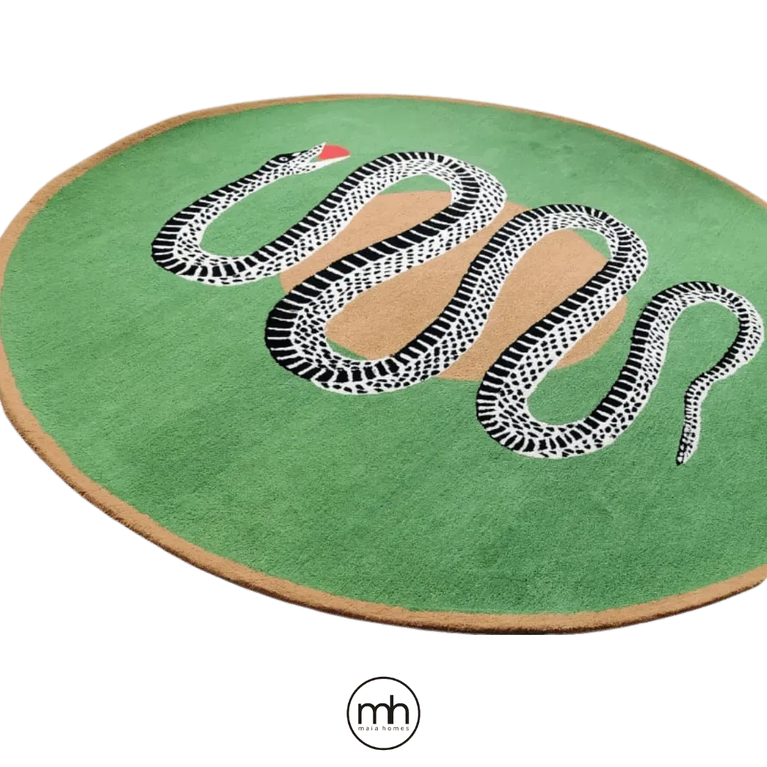 Snake and Apple Green Gold Round Hand Tufted Wool Rug