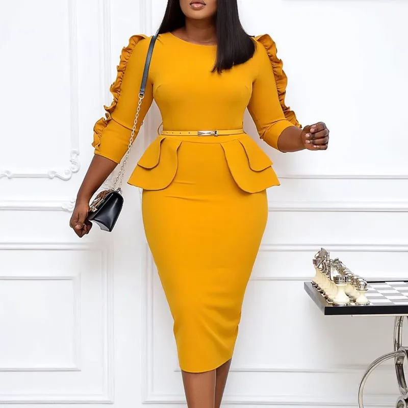 Solid Long Sleeve Ruffle Design Work Dress